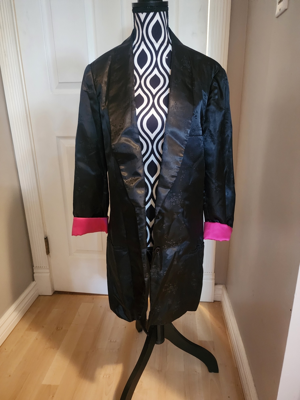 Black Satin 2 Button Closure Women's Jacket with Pink Cuffs